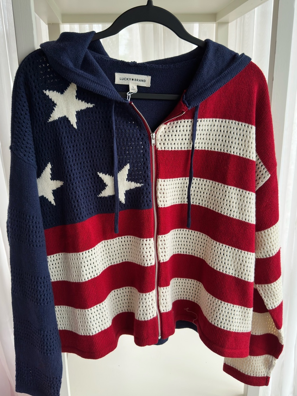 Lucky Brand Red, White & Navy Americana Zip Hoodie Cardigan NWT Size Large
